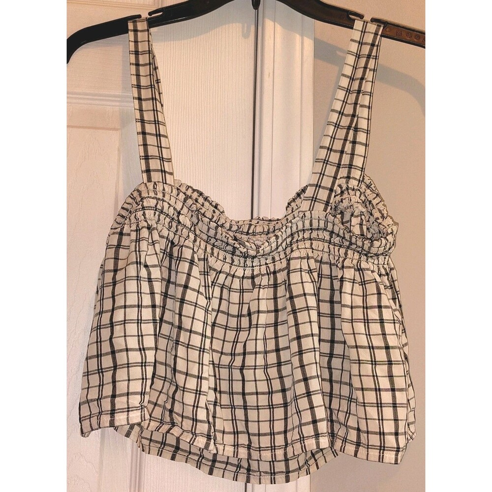 American Eagle Womens Plaid Smocked Crop Tank Top S Peach Ruffle Cottagecore Y2K - Picture 2 of 11